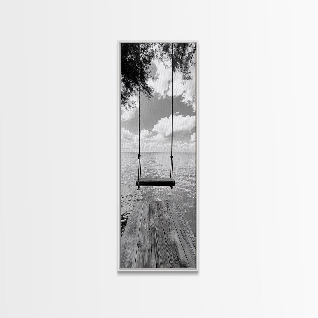Lakeside Swing Stillness, Serene Water View Print, Peaceful Dock Photography, Canvas Print, Tranquil Bedroom or Office Wall Art