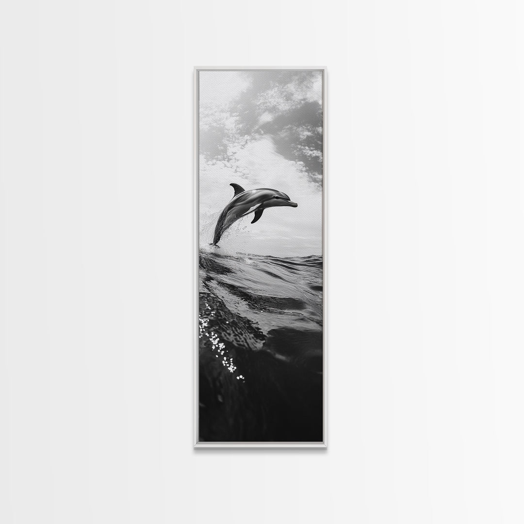 Dolphin Ocean Jump, Black and White Sea Life Print, Coastal Marine Wall Art, Canvas Print, Beach House Decor, Nature Photography