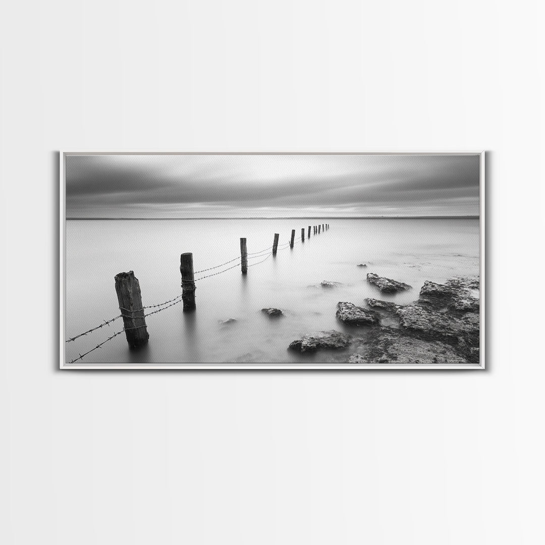 Coastal Fence Line, Tranquil Ocean Scene, Soft Minimalist Photo, Framed Canvas Print, Bathroom or Hallway Wall Art, Zen Vibes