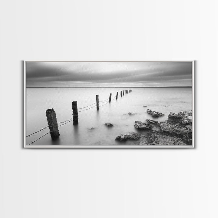 Coastal Fence Line, Tranquil Ocean Scene, Soft Minimalist Photo, Framed Canvas Print, Bathroom or Hallway Wall Art, Zen Vibes