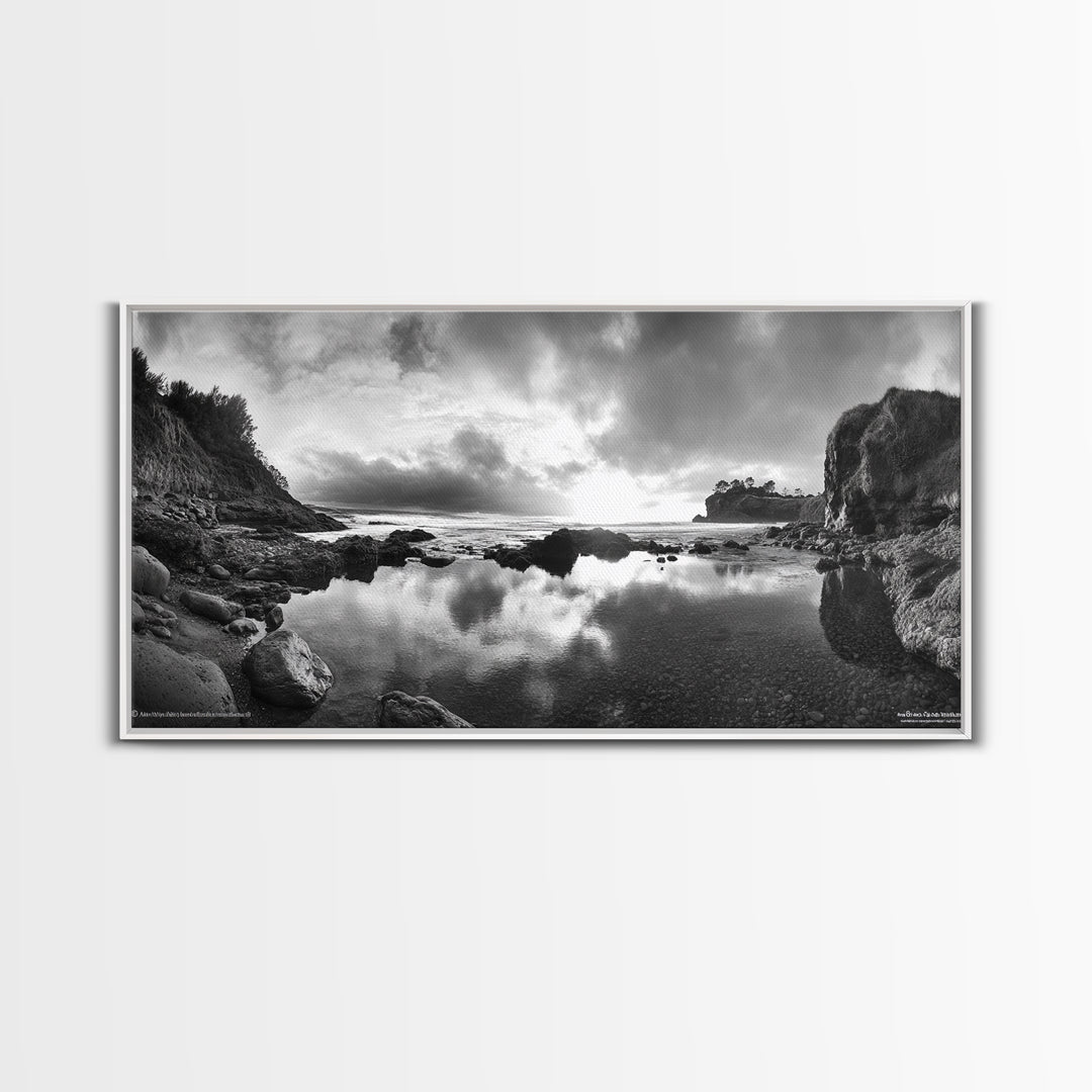 Coastal Reflection, Tide Pools, Dramatic Sky, Ocean Cliff Landscape, Framed Canvas Print, Bedroom Nature Photography Art