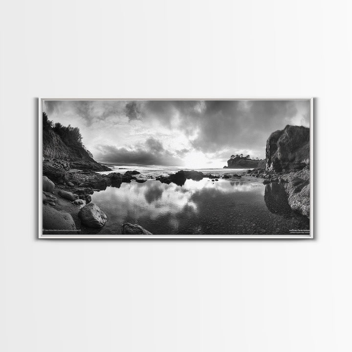Coastal Reflection, Tide Pools, Dramatic Sky, Ocean Cliff Landscape, Framed Canvas Print, Bedroom Nature Photography Art