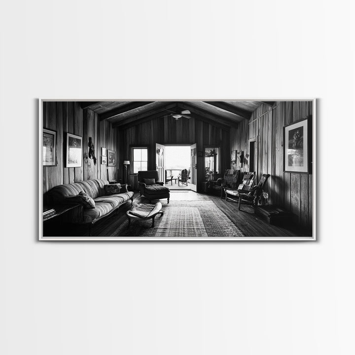 Cozy Cabin Interior, Rustic Living Space, Wood Wall Charm, Canvas Print, Country Living Room Art, Americana Wall Photography
