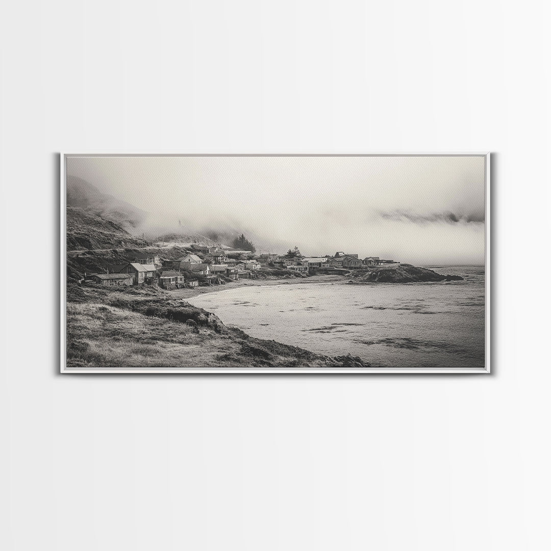 Coastal Fog Village, Misty Ocean Cliff Scene, Black and White Landscape, Canvas Print, Bedroom Wall Art, Rustic Coastal Decor