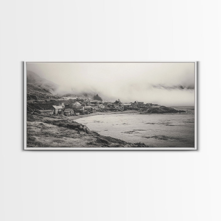 Coastal Fog Village, Misty Ocean Cliff Scene, Black and White Landscape, Canvas Print, Bedroom Wall Art, Rustic Coastal Decor