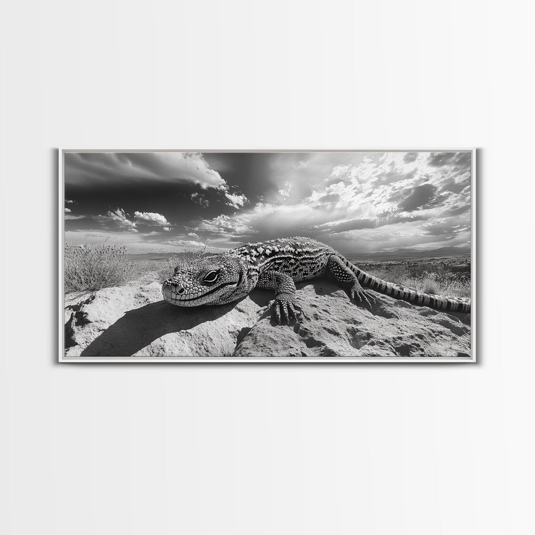Desert Lizard Close-Up, Reptile Wildlife Photography, Dramatic Sky Scene, Canvas Print, Living Room Wall Art, Nature Decor