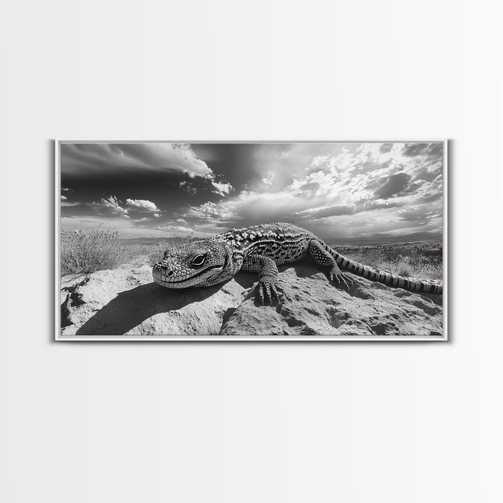 Desert Lizard Close-Up, Reptile Wildlife Photography, Dramatic Sky Scene, Canvas Print, Living Room Wall Art, Nature Decor