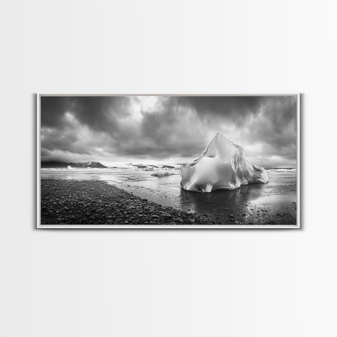 Arctic Iceberg Shore, Moody Cloud Sky, Frozen Water Landscape, Framed Canvas Print, Office Wall Art, Nordic Minimalist Art