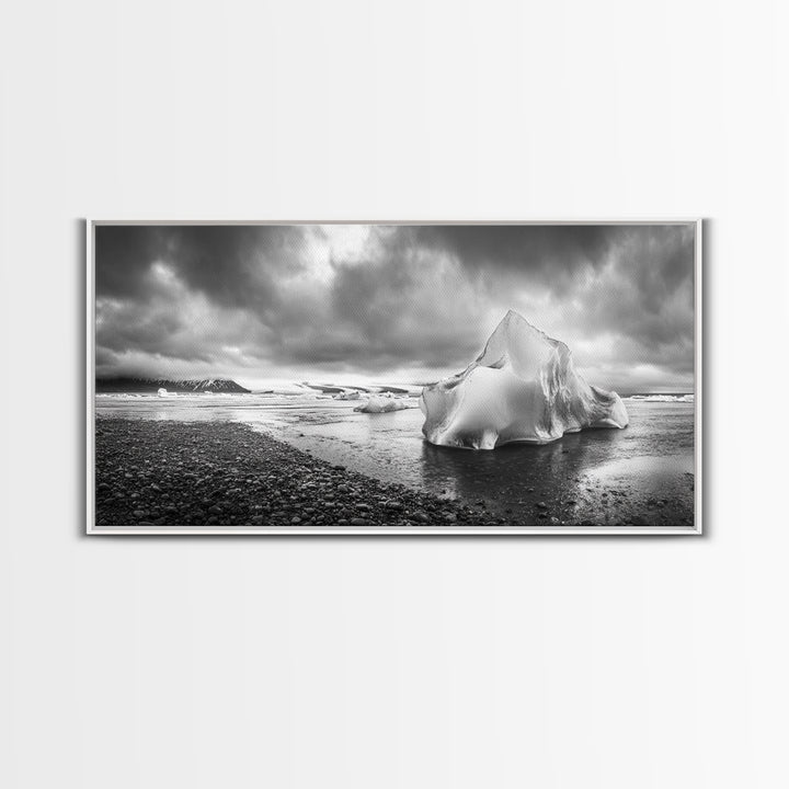 Arctic Iceberg Shore, Moody Cloud Sky, Frozen Water Landscape, Framed Canvas Print, Office Wall Art, Nordic Minimalist Art