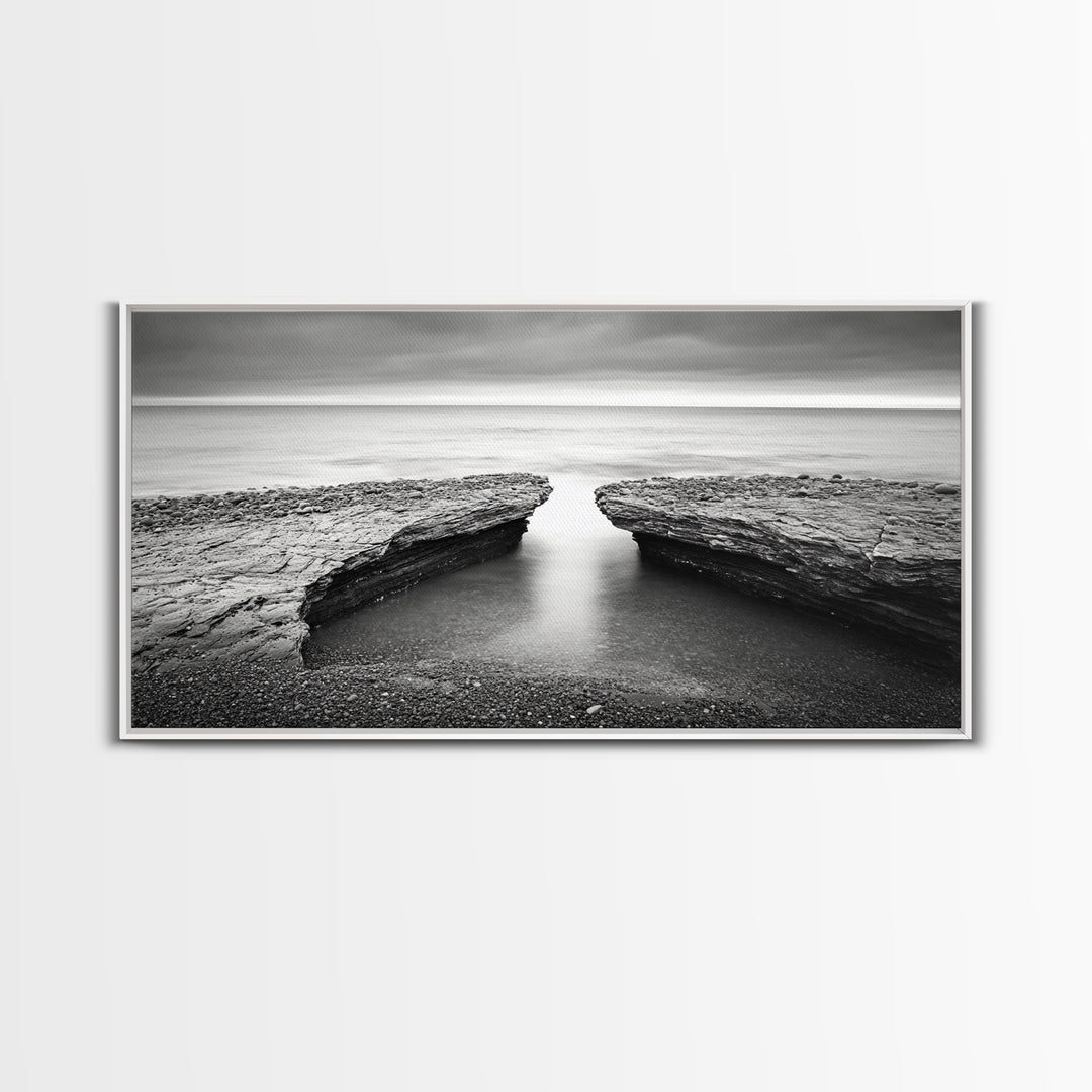 Ocean Rock Split, Calm Seascape Horizon, Monochrome Photography, Canvas Print, Bathroom Wall Art, Zen Coastal Aesthetic, Office Wall Art
