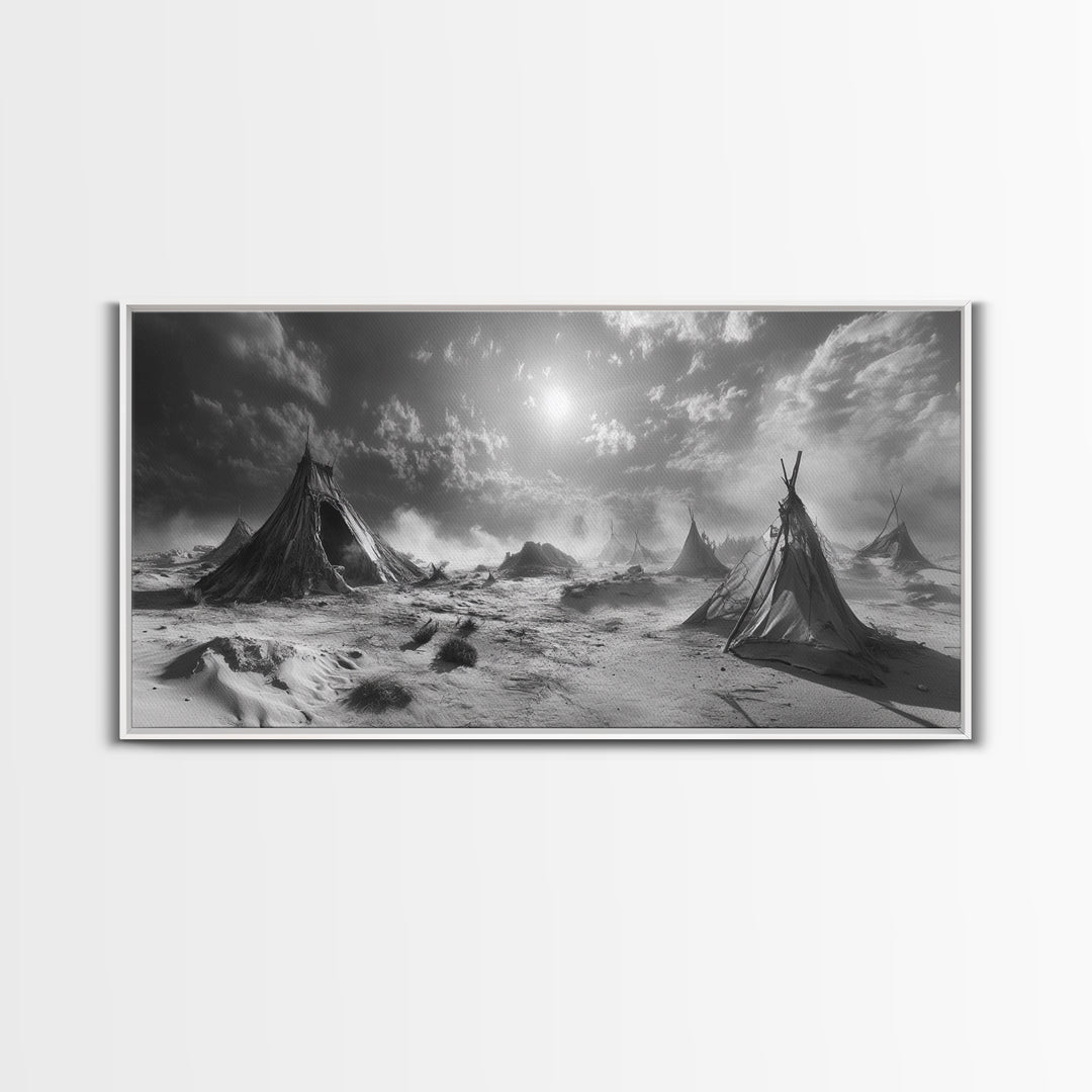 Desert Tent Scene, Surreal Tribal Landscape, Stormy Sky Tents, Canvas Print, Living Room Wall Art, Boho Nomad Aesthetic, Living Room Wall Art