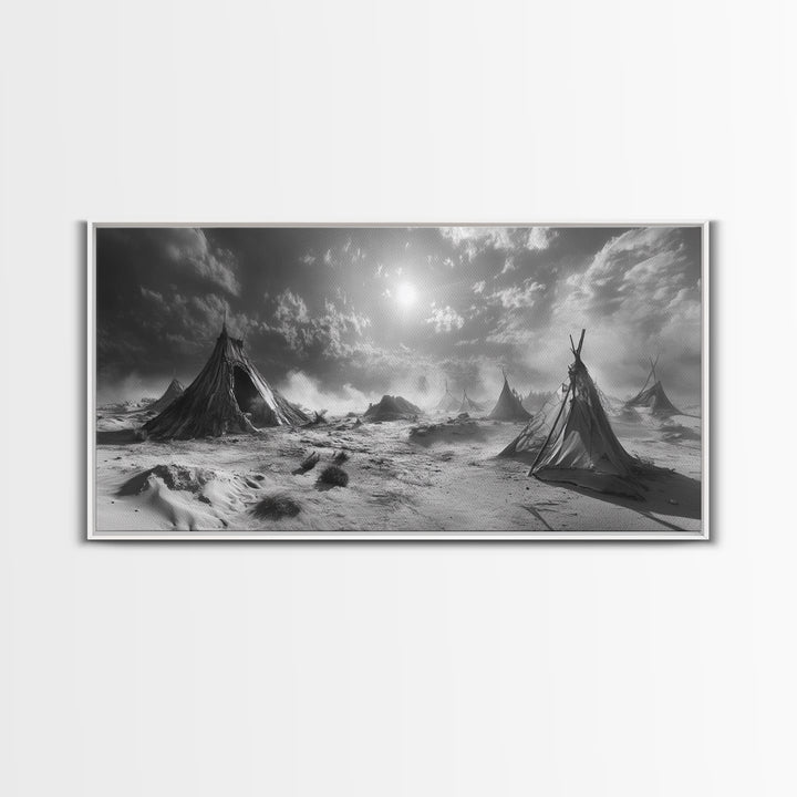 Desert Tent Scene, Surreal Tribal Landscape, Stormy Sky Tents, Canvas Print, Living Room Wall Art, Boho Nomad Aesthetic, Living Room Wall Art