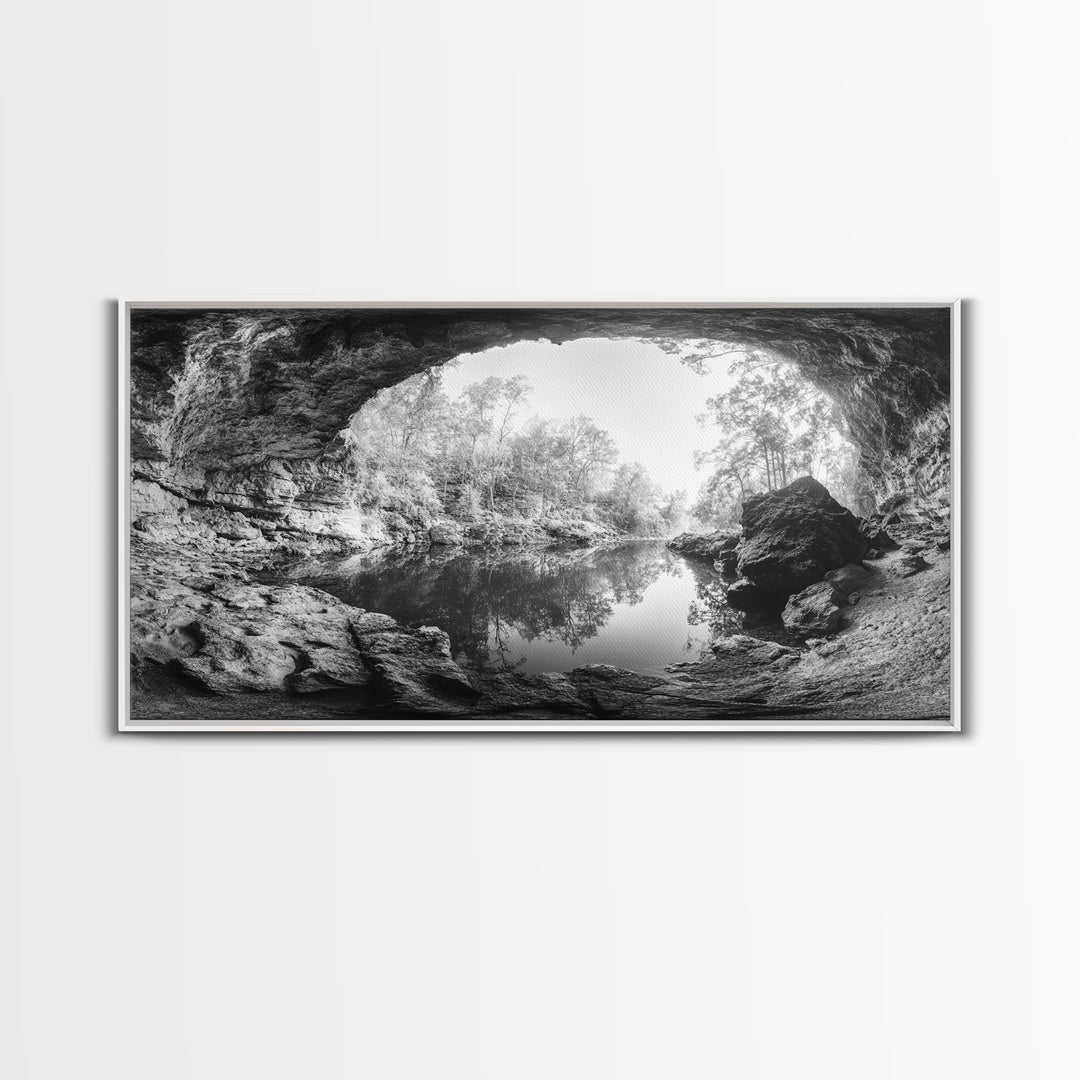 Cave Entrance Lake, Hidden Forest View, Rock Reflection Water, Canvas Print, Hallway Wall Art, Adventure Wilderness Decor, Minimalist Style