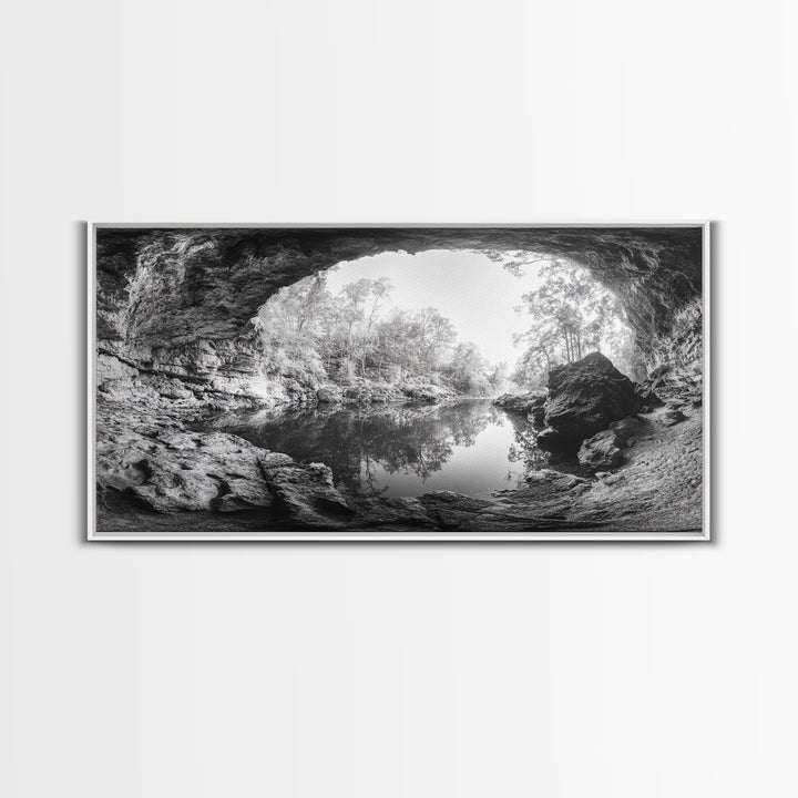 Cave Entrance Lake, Hidden Forest View, Rock Reflection Water, Canvas Print, Hallway Wall Art, Adventure Wilderness Decor, Minimalist Style