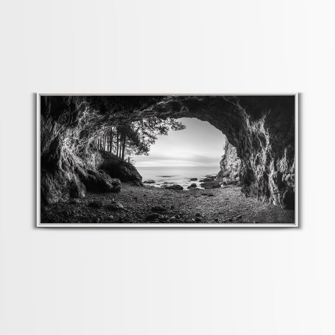 Ocean Cave Opening, Rugged Shoreline Exit, Dramatic Coastal Rock, Canvas Print, Entryway Wall Art, Moody Nautical Decor, Farmhouse Entryway
