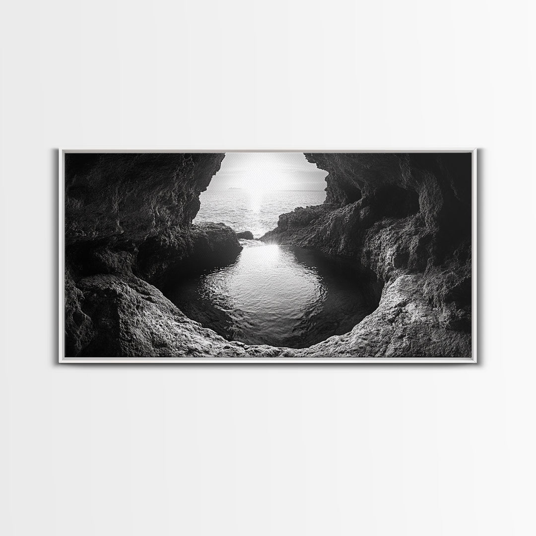 Ocean Cave Sunset, Seascape Art, Black and White Photography, Coastal Decor, Minimalist Style, Canvas Print, Bathroom Wall Art