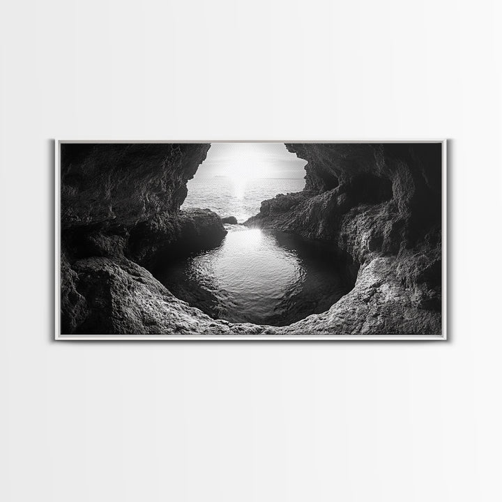Ocean Cave Sunset, Seascape Art, Black and White Photography, Coastal Decor, Minimalist Style, Canvas Print, Bathroom Wall Art