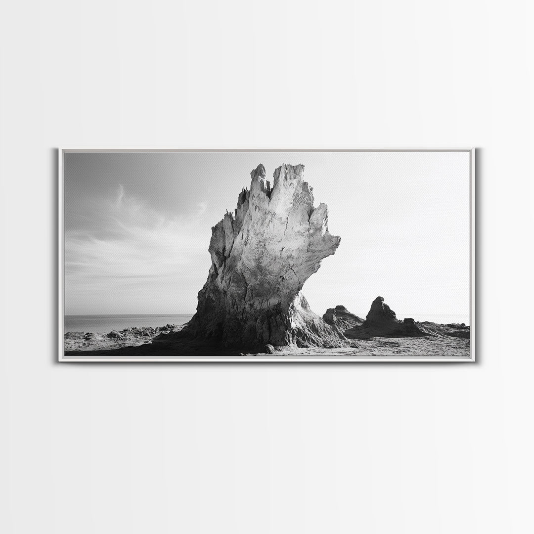 Desert Rock Tower, Surreal Landscape, Modern Nature Art, Canvas Print, Black and White Office Decor, Minimalist Style Piece, Bedroom Wall Art