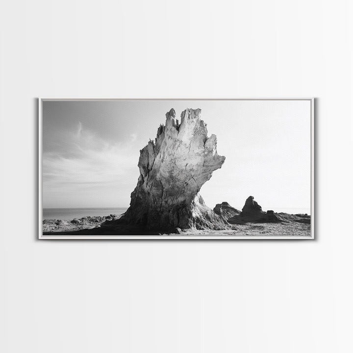 Desert Rock Tower, Surreal Landscape, Modern Nature Art, Canvas Print, Black and White Office Decor, Minimalist Style Piece, Bedroom Wall Art