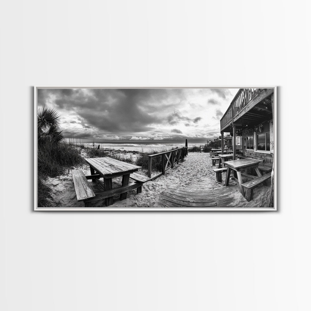 Beach Boardwalk, Coastal Restaurant, Moody Seaside View, Framed Canvas Print, Kitchen or Bar Wall Art, Rustic Autumn Decor
