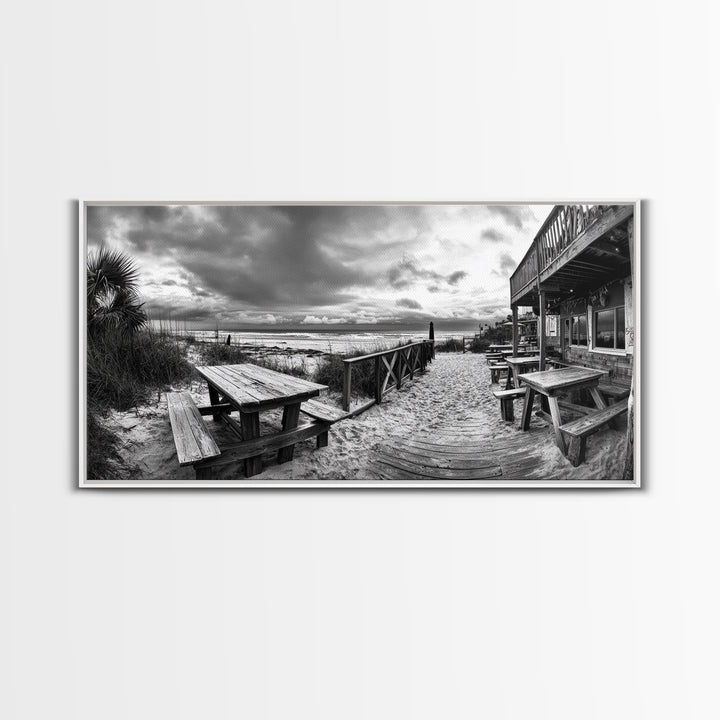 Beach Boardwalk, Coastal Restaurant, Moody Seaside View, Framed Canvas Print, Kitchen or Bar Wall Art, Rustic Autumn Decor