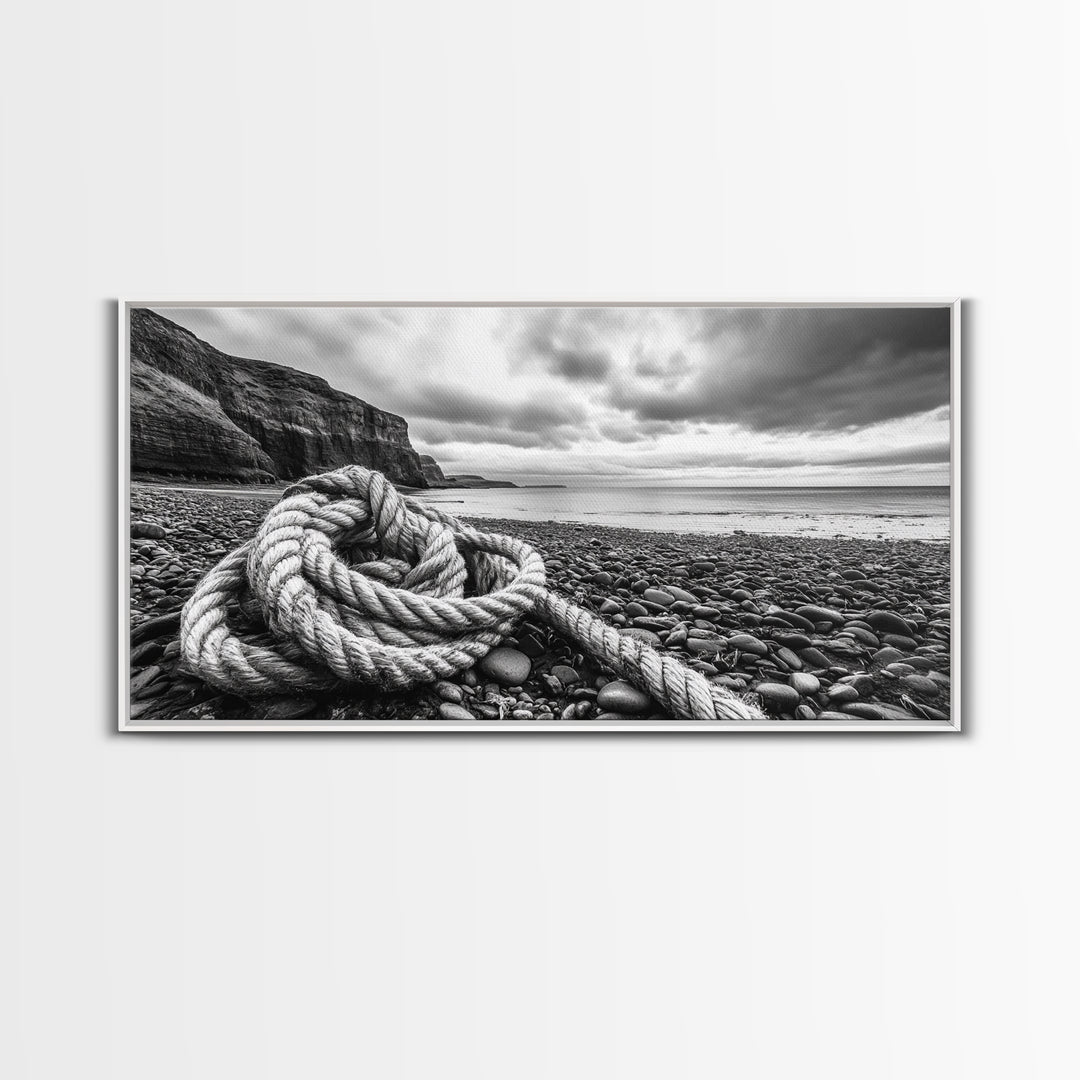 Coastal Rope, Pebble Shore, Nautical Texture, Rugged Seascape, Canvas Print, Bathroom Wall Art, Beach House Style, Moody Ocean Decor