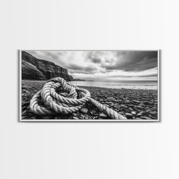 Coastal Rope, Pebble Shore, Nautical Texture, Rugged Seascape, Canvas Print, Bathroom Wall Art, Beach House Style, Moody Ocean Decor