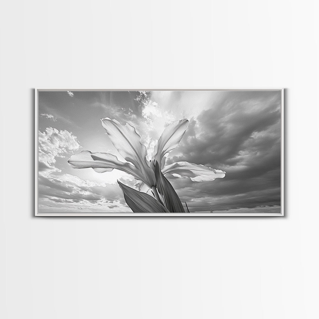 Blooming Iris, Floral Sky, Dreamy Nature, Petal Light, Framed Canvas Print, Modern Bedroom Art, Feminine Wall Art, Botanical Home Decor