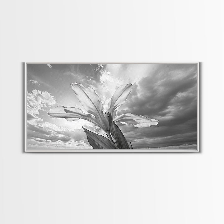 Blooming Iris, Floral Sky, Dreamy Nature, Petal Light, Framed Canvas Print, Modern Bedroom Art, Feminine Wall Art, Botanical Home Decor