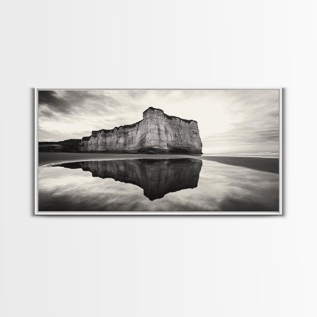 Cliff Reflection, Coastal Monolith, Seashore Beauty, Sunset Vibes, Framed Canvas Print, Living Room Art, Minimalist Beach Scene