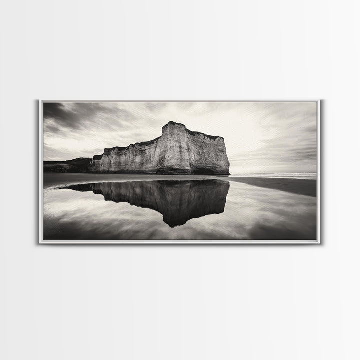 Cliff Reflection, Coastal Monolith, Seashore Beauty, Sunset Vibes, Framed Canvas Print, Living Room Art, Minimalist Beach Scene