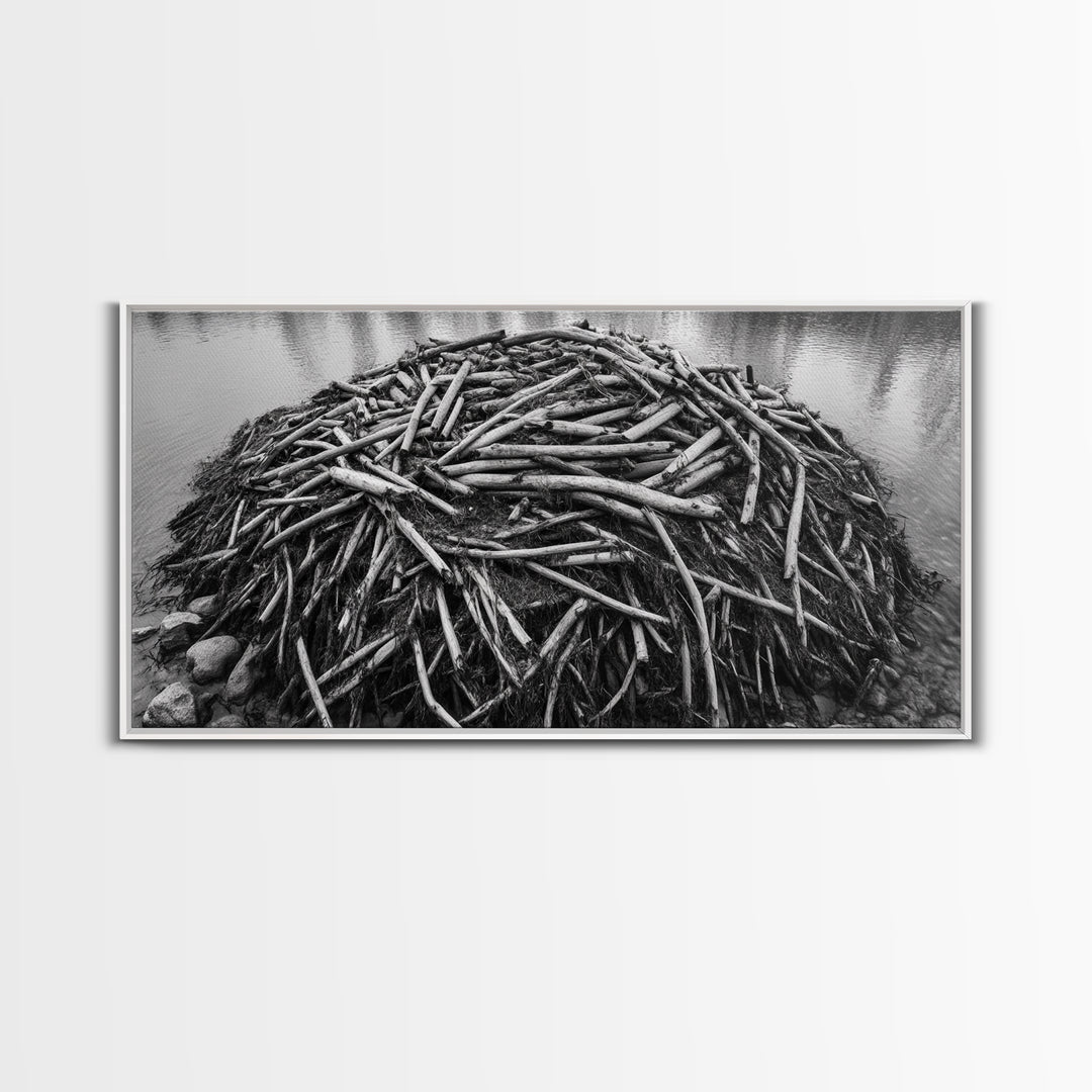 Beaver Lodge, Natural Structure, Earthy River Habitat, Framed Canvas Print, Cabin Wall Art, Nature-Inspired Rustic Fall Decor