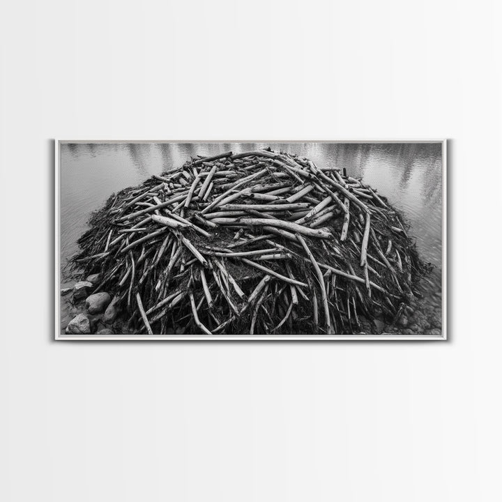 Beaver Lodge, Natural Structure, Earthy River Habitat, Framed Canvas Print, Cabin Wall Art, Nature-Inspired Rustic Fall Decor