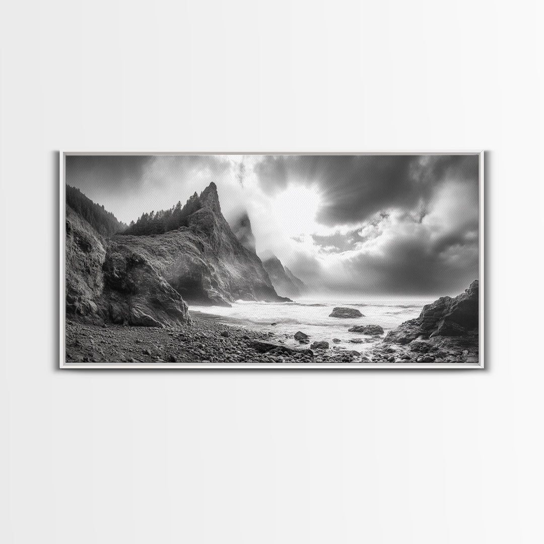 Coastal Cliffside, Stormy Sea, Dramatic Sky, Ocean Mood, Framed Canvas Print, Monochrome Art, Living Room Beach House Decor
