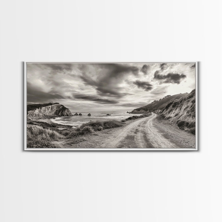 Coastal Road, Scenic Journey, Ocean Path, Cloudy Sky, Framed Canvas Print, Rustic Wall Art, Entryway Wanderlust Landscape, Coastal House