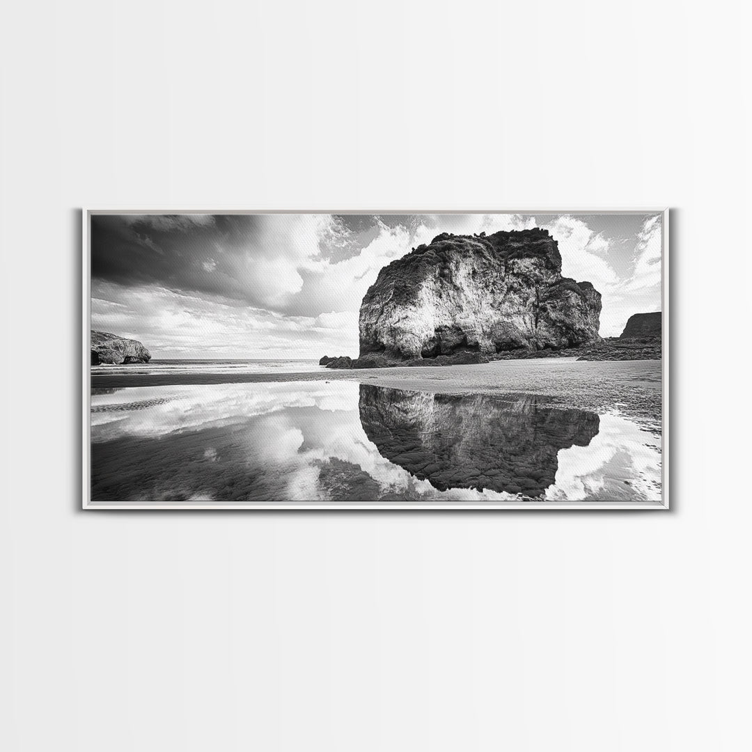 Beach Reflection, Seaside Rock, Cloudy Horizon, Coastal View, Framed Canvas Print, Minimalist Wall Art, Bathroom Ocean Decor
