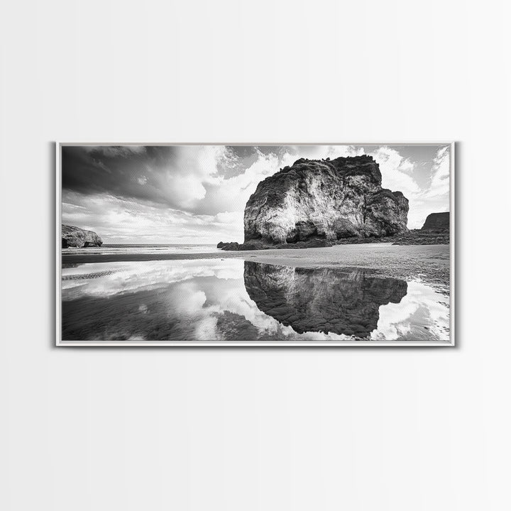 Beach Reflection, Seaside Rock, Cloudy Horizon, Coastal View, Framed Canvas Print, Minimalist Wall Art, Bathroom Ocean Decor