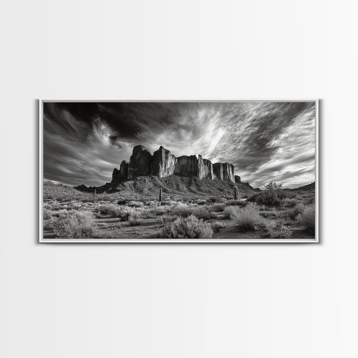 Desert Mesa, Dramatic Sky, Western Landscape, Cactus Field, Framed Canvas Print, Rustic Wall Art, Living Room Southwest Decor