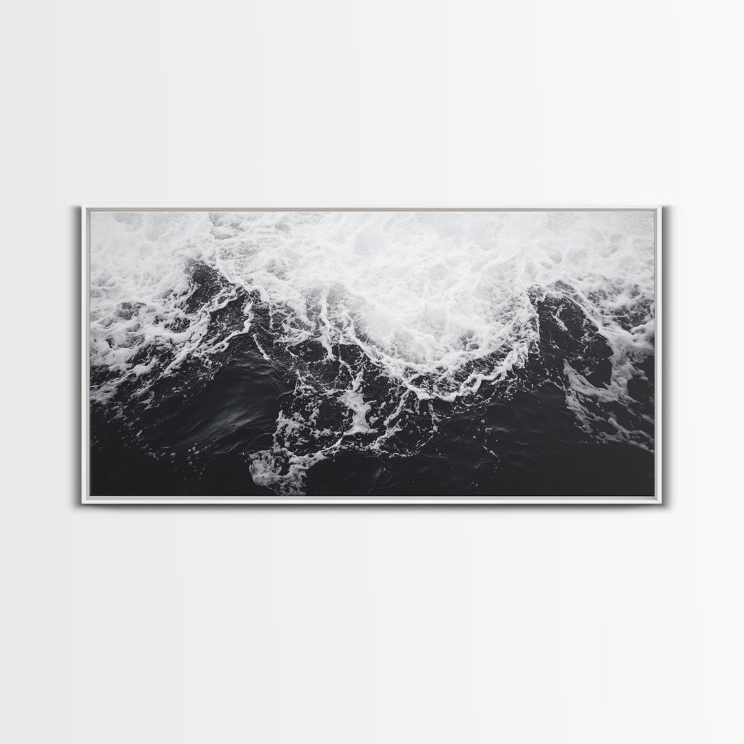 Ocean Texture, Crashing Waves, Abstract Sea, Monochrome Motion, Framed Canvas Print, Coastal Wall Art, Bathroom Minimalist Decor