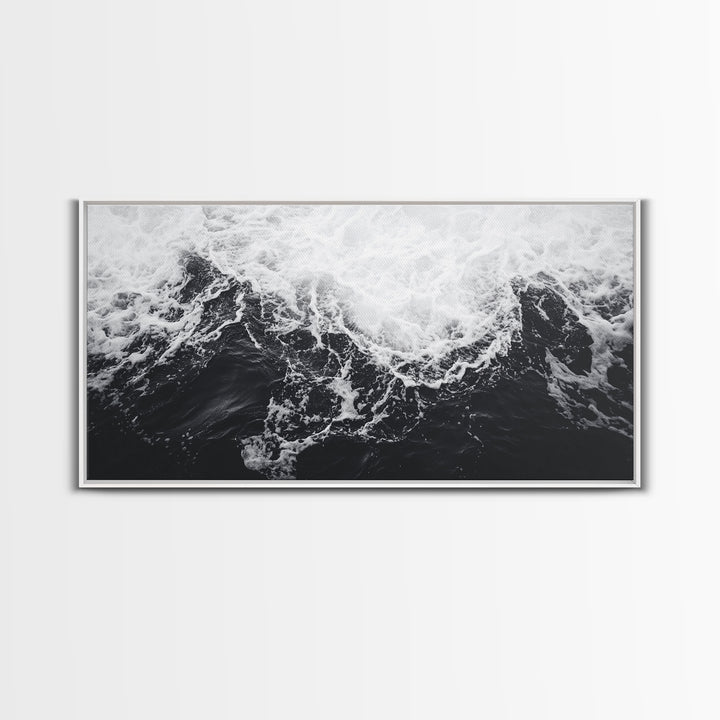 Ocean Texture, Crashing Waves, Abstract Sea, Monochrome Motion, Framed Canvas Print, Coastal Wall Art, Bathroom Minimalist Decor