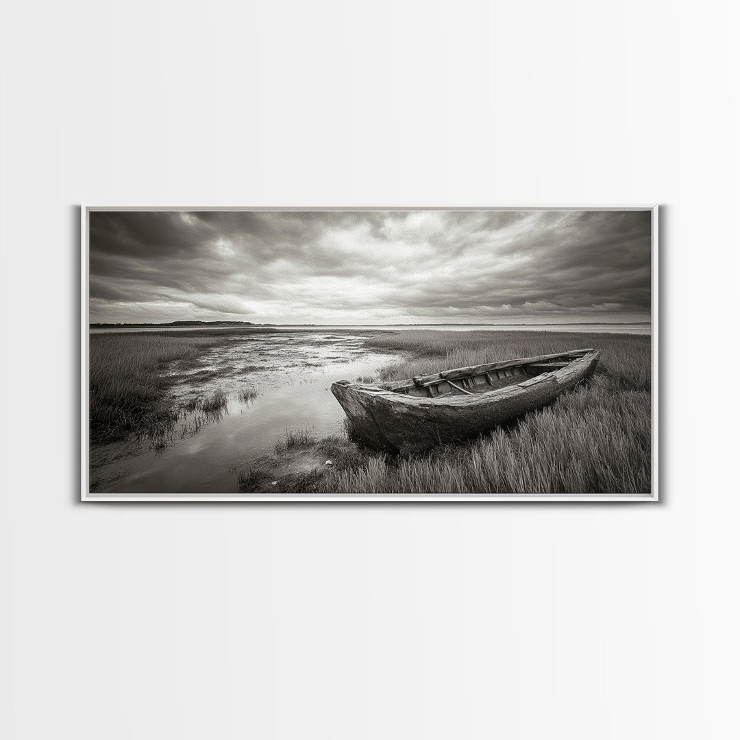 Abandoned Boat, Coastal Marsh Scene, Sepia Seascape, Framed Canvas Print, Living Room Wall Art, Moody Autumn Nautical Decor