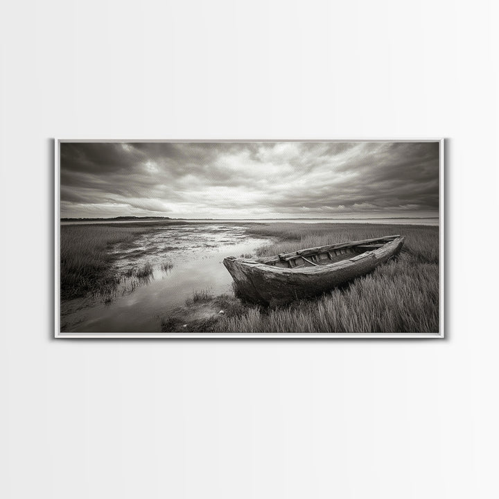Abandoned Boat, Coastal Marsh Scene, Sepia Seascape, Framed Canvas Print, Living Room Wall Art, Moody Autumn Nautical Decor