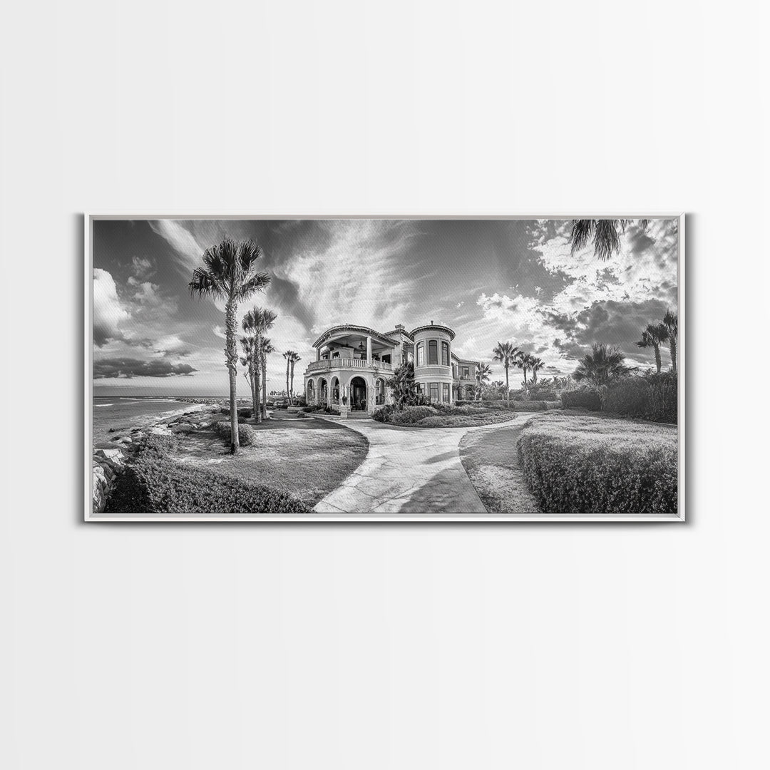 Beach Mansion Wall Art, Tropical Coastal House, Luxury Villa Print, Palm Tree Canvas Print, Living Room Decor, Modern Home Wall Art