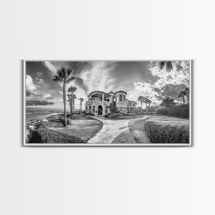 Beach Mansion Wall Art, Tropical Coastal House, Luxury Villa Print, Palm Tree Canvas Print, Living Room Decor, Modern Home Wall Art