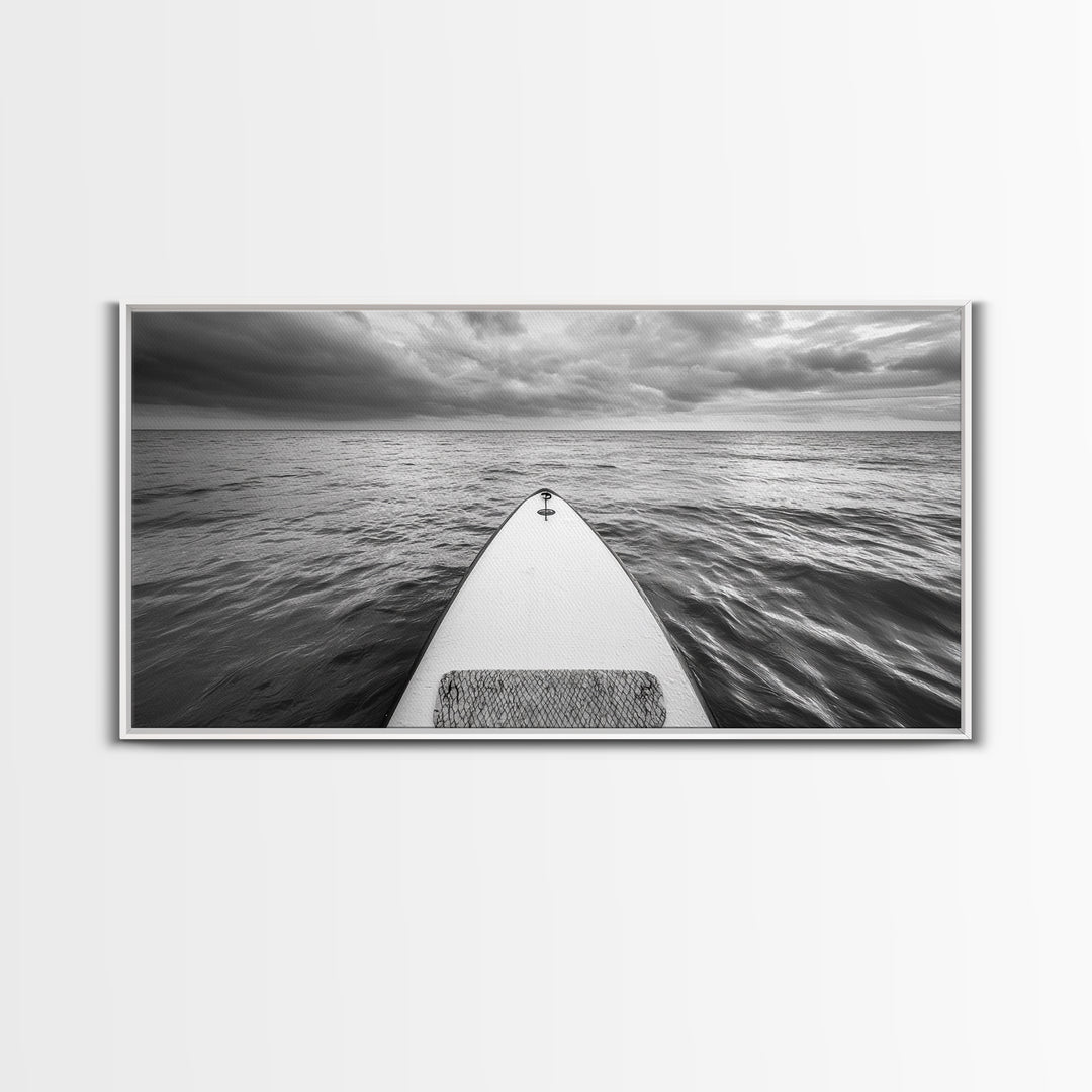 Ocean Horizon Board, Paddleboarding Adventure, Cloudy Sea Landscape, Framed Canvas Print, Modern Coastal Office or Living Room Art