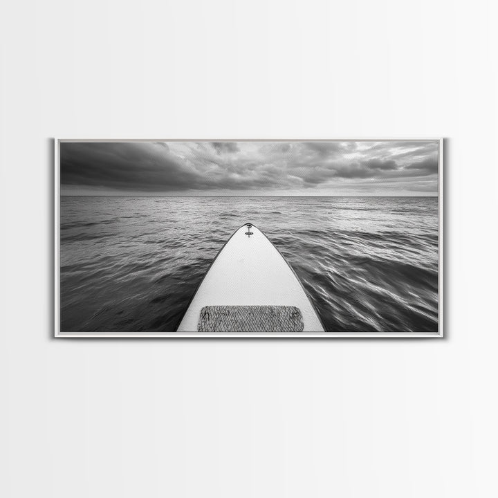 Ocean Horizon Board, Paddleboarding Adventure, Cloudy Sea Landscape, Framed Canvas Print, Modern Coastal Office or Living Room Art