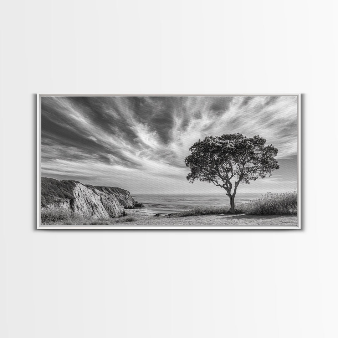 Coastal Tree Cliff, Ocean Breeze Scene, Scenic Nature Vibes, Framed Canvas Print, Boho Bedroom or Serene Living Room Wall Art