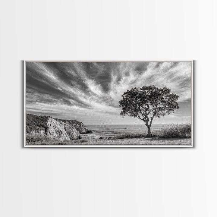 Coastal Tree Cliff, Ocean Breeze Scene, Scenic Nature Vibes, Framed Canvas Print, Boho Bedroom or Serene Living Room Wall Art