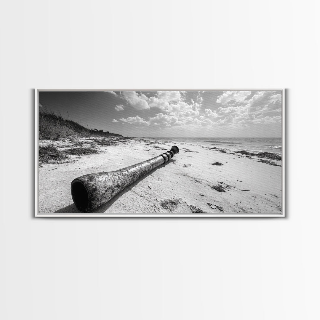 Abandoned Beach Pipe, Surreal Coastal Scene, Washed Ashore Photography, Framed Canvas Print, Moody Living Room or Fall Wall Art