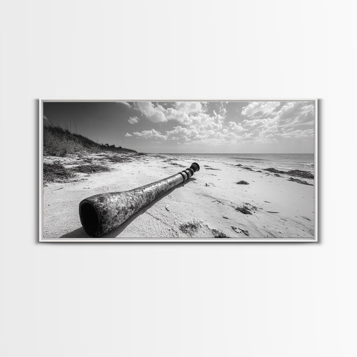 Abandoned Beach Pipe, Surreal Coastal Scene, Washed Ashore Photography, Framed Canvas Print, Moody Living Room or Fall Wall Art